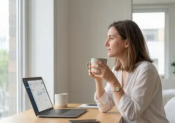 A woman holding a coffee while reviewing customer records